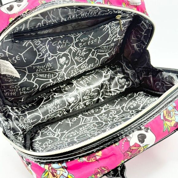 Betsey Johnson pink floral skulls weekender cosmetic travel bag and matching pou - Picture 7 of 13